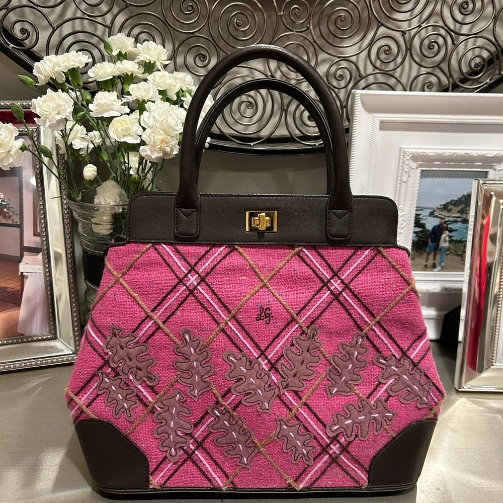 Lulu Guinness Pink  tweet Plaid Satchel with Dark Brown Leather Trim NWOT